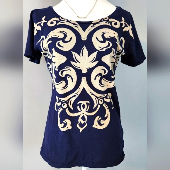 EDUN Organic Cotton Tee Shirt. Navy And Cream. Size Large - Picture 1 of 8